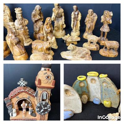Two Vintage Olive Wood Israel Nativities & Ceramic Peruvian Nativity  