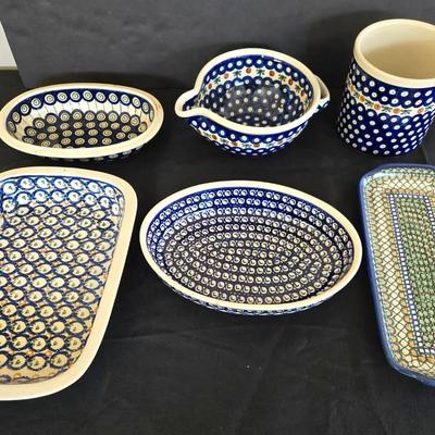 6 Piece Hand Painted Polish Pottery Dishes