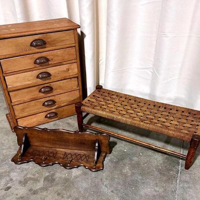 Trinket Cabinet, Shoe Bench & Wooden Wall Shelf