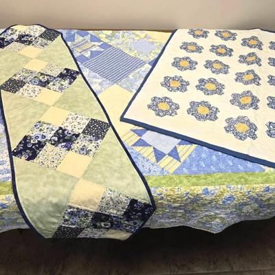 3 Handmade Quilted Linens; Bedspread, Runner, Throw