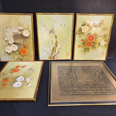 4 Vintage Handpainted Asian Art & Castle Rubbing 