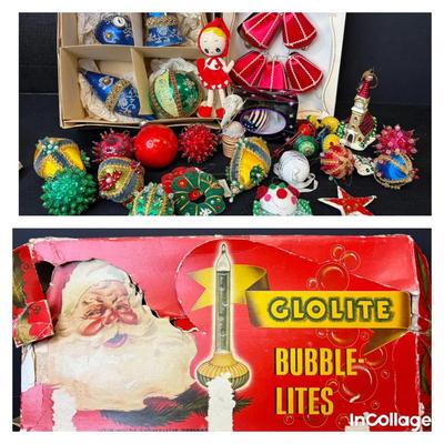 Vintage Glolite Bubble Lights & Handcrafted Christmas Ornaments 