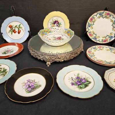 Vintage Fruit & Floral China Plates & Miirrored Cake Stand 