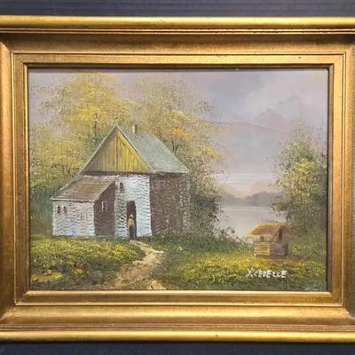 Vintage Original Painting Of Man In Cabin On River