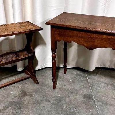 Antique Wooden Side Table & Carved Wood Magazine Rack/aide Table