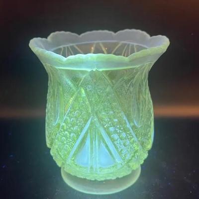 Twin Teardrops Open Sugar Bowl Glass Vase with Green Glow in Ultraviolet Light