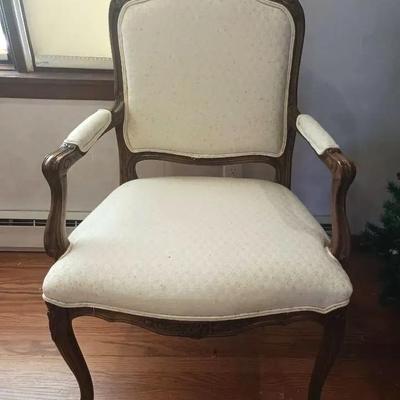 (2) Louis XV-Style Wooden Chairs With White Upholstery