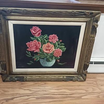 Signed Floral Canvas Painting in Wooden Frame
