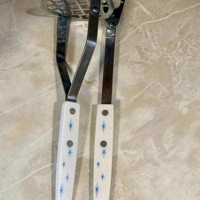 (2) MCM Atomic Starburst Kitchen Utensils — Potato Masher & Carving Fork