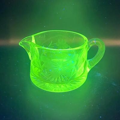 Etched Glass Creamer with Extremely Bright Green Ultraviolet Glow 