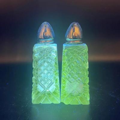 Cut Glass Salt & Pepper Shakers with Green Ultraviolet Glow