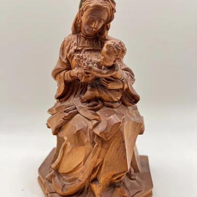 1950s Madonna And Child Hand-Carved Wooden Statue Signed M.K. Kaslatter
