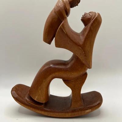 Vintage Hand-Carved Wood Sculpture of a Mother and Child — Signed "J Pinal."
