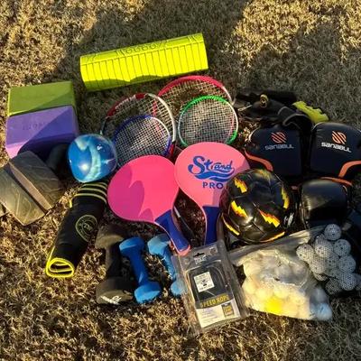 Workout & Sports Gear Collection Featuring Boxing Gloves, Rackets & Fitness Accessories