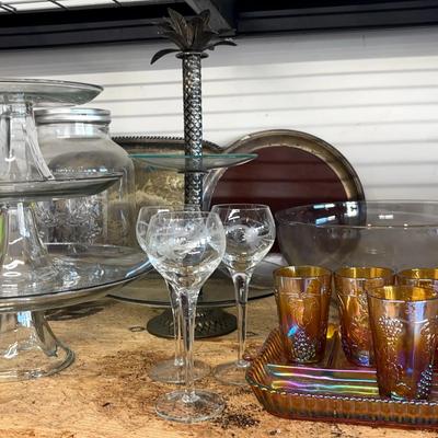 Carnival Glass Serving Collection Featuring Marigold Harvest Grape Tray & Glasses