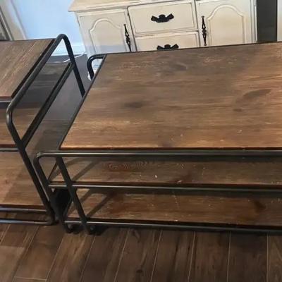 Black Metal & Dark Wood Coffee Table with Matching End Table
