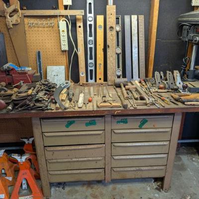 Vintage metal top workbench and tools!