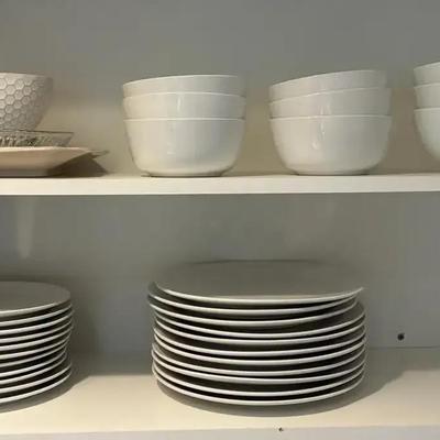 Mugs drinking glasses, bowls and plates