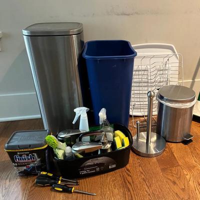 Stainless steel trash bin and cleaning supplies