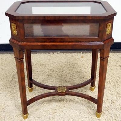 Sale Photo Thumbnail #207: 1208	LOZENGE SHAPE LIFT TOP CURIO DISPLAY STAND WITH BRASS FERRULE AND METAL MOUNTS, APPROXIMATELY 25 IN X 17 IN X 30 IN H
