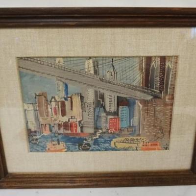 Sale Photo Thumbnail #113: 1113	ARTIST SIGNED WATERCOLOR, NEW YORK SKYLINE ALONG WATERWAY, APPROXIMATELY 17 IN X 21 IN OVERALL
