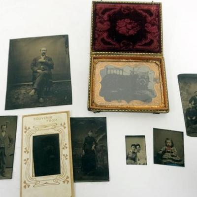 Sale Photo Thumbnail #52: 1052	GROUP OF ASSORTED TIN TYPE IMAGES INCLUDING A LARGE DOG LYING ON 2 CHAIRS
