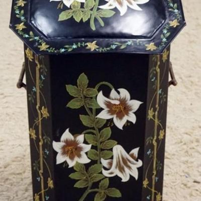 Sale Photo Thumbnail #221: 1222	ANTIQUE TIN KINDLING BOX WITH HAND PAINTED FLOWERS AND VINES, APPROXIMATELY 13 IN X 10 IN X 23 IN H
