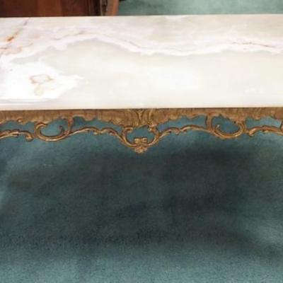 Sale Photo Thumbnail #214: 1215	FANCY CAST BRASS TABLE WITH ONYX TOP, APPROXIMATELY 38 IN X 20 IN X 17 IN 
