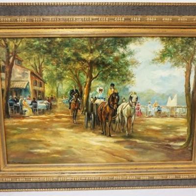 Sale Photo Thumbnail #82: 1082	H A HERMAN LARGE OIL PAINTING ON CANVAS, IMAGE OF COURTYARD AND HORSE DRAWN CARRIAGE, ASRTIST SIGNED, APPROXIMATELY 48 IN X 36 IN OVERALL
