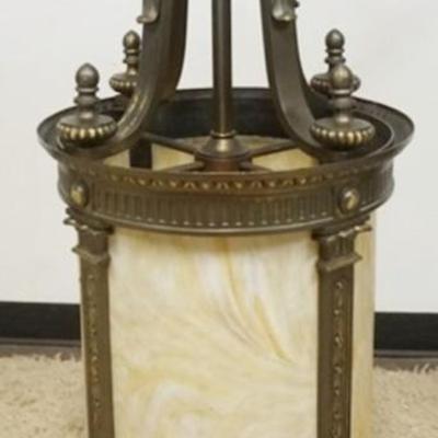 Sale Photo Thumbnail #36: 1036	LARGE SLAG GLASS HANGING LIGHT FIXTURE, 1 GLASS PANEL DAMAGED, APPROXIMATELY 46 IN H
