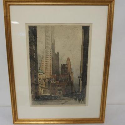 Sale Photo Thumbnail #89: 1089	SIGNED AND NUMBERED ETCHING OF GENERAL ELECTRIC BUILDING, NYC, #26/100, FRAMED AND MATTED, APPROXIMATELY 20 IN X 26 IN OVERALL

