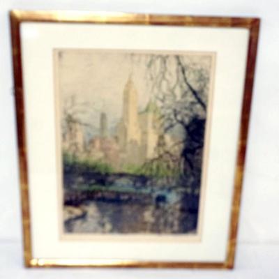 Sale Photo Thumbnail #91: 1091	TANNA KASIMIR HOERNES FRAMED AND MATTED ETCHING, NEW YORK CENTRAL PARK, ARTIST SIGNED, APPROXIMATELY 18 1/2 IN X 22 IN OVERALL
