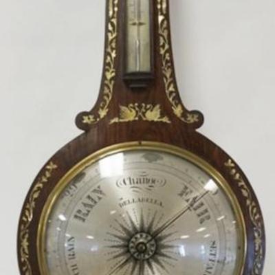 Sale Photo Thumbnail #37: 1037	ANTIQUE MOTHER OF PEARL INLAID BAROMETER, DELLABELLA PRESTON, APPROXIMATELY 42 IN H
