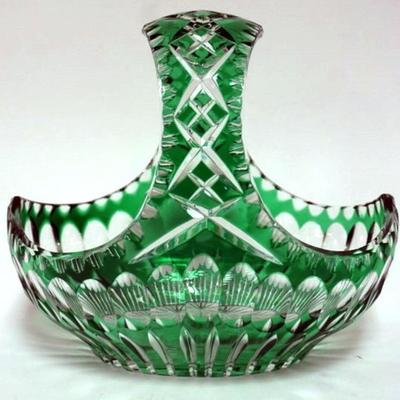 Sale Photo Thumbnail #15: 1015	EMERALD CUT TO CLEAR GLASS BASKET, APPROXIMATELY 8 IN X 5 IN X 8 IN H
