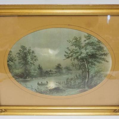 Sale Photo Thumbnail #69: 1069	ANTIQUE FRAMED AND MATTED PRINT, CABIN WITH PEOPLE ROWING BOAT IN POND ON MOON LIT NIGHT, APPROXIMATELY 18 IN X 23 IN 
