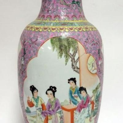 Sale Photo Thumbnail #2: 1002	LARGE ASIAN PORCELAIN FAMILE ROSE VASE WITH CHARACTER MARKS ON BASE, APPROXIMATELY 24 IN H
