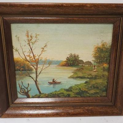 Sale Photo Thumbnail #112: 1112	OIL PAINTING ON BOARD, LANDSCAPE WITH MAN FISHING, APPROXIMATELY 11 IN X12 IN OVERALL
