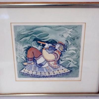 Sale Photo Thumbnail #108: 1108	FRAMED AND MATTED PRINT OF MAN PLAYING INSTRUMENT, ARTIST SIGNED AND NUMBERED 19/200, APPROXIMATELY 16 IN X 14 IN OVERALL
