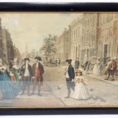 Sale Photo Thumbnail #74: 1074	FRAMED ANTIQUE PRINT COLONIAL STREET SCENE, APPROXIMATELY 21 IN X 31 IN OVERALL

