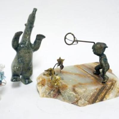 Sale Photo Thumbnail #27: 1027	GROUP OF ASSORTED FIGURES INCLUDING SIGNED ART METAL SCULPTURE ON MARBLE, STONE BEAR, WOOD BIRD AND FLOWERS, TALLEST APPROXIMATELY 7 IN H
