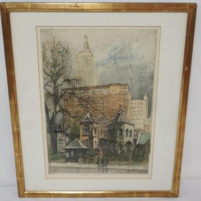 Sale Photo Thumbnail #90: 1090	ROBERT KASIMIR SIGNED ETCHING, NEW YORK LITTLE CHURCH, FRAMED AND MATTED, APPROXIMATELY 18 1/2 IN X 22 IN OVERALL
