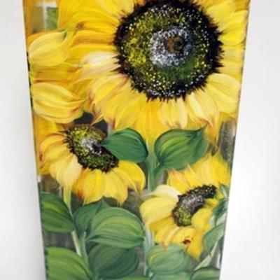 Sale Photo Thumbnail #32: 1032	HAND PAINTED GLASS SUNFLOWER VASE, ARTIST SIGNED CHRISTINA 2012, APPROXIMATELY 4 1/2 IN X 7 IN X 16 IN H
