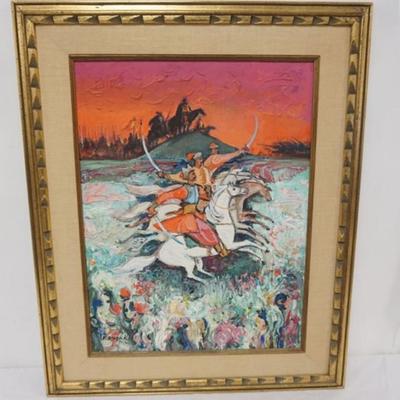 Sale Photo Thumbnail #101: 1101	E. KOZAK OIL PAINTING ON BOARD, IMAGE OF SOLDIERS ON HORSEBACK, ARTIST SIGNED, APPROXIMATELY 26 IN X 32 IN OVERALL
