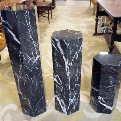 Sale Photo Thumbnail #193: 1194	3 MARBLE GRAUATED HEXAGON PEDISTALS, TALLEST APPROXIMATELY 36 IN H
