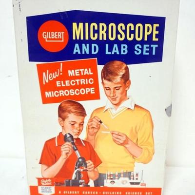 Sale Photo Thumbnail #186: 1187	VINTAGE GILBERT MICROSCOPE LAB SETK GILBERT HALL OF SCIENCE, APPROXIMATELY 10 IN X 4 IN X 14 IN
