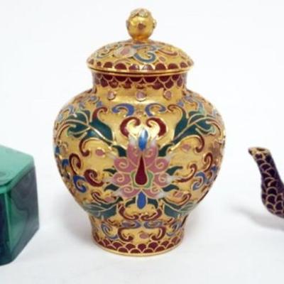 Sale Photo Thumbnail #28: 1028	GROUP OF ASSORTED SMALLS INCLUDING CLOISONNE COVERED JAR, MINIATURE TEA POT, MALACHITE TRINKET BOX, LARGEST APPROXIMATELY 3 1/2 IN H
