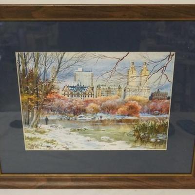 Sale Photo Thumbnail #105: 1105	ARTIST SIGNED WATERCOLOR, IMAGE OF CITIY SKYLINE ALONG WATER EDGE, APPROXIMATELY 22 IN X 18 IN OVERALL
