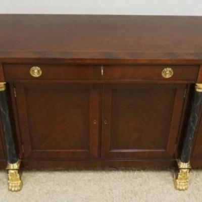 Sale Photo Thumbnail #209: 1210	KINDEL MAHOGANY 3 DRAWER, 4 DOOR SIDEBOARD WITH MARBLIZED COLUMNS AND BRASS PAW FEET, APPROXIMATELY 76 IN X 21 IN X 33 IN H

