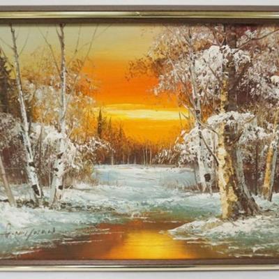 Sale Photo Thumbnail #110: 1110	OIL PAINTING ON CANVAS, WINTER BIRCH TREES ALONG WATERWAY, ARTIST SIGNED, APPROXIMATELY 17 IN X 14 IN OVERALL
