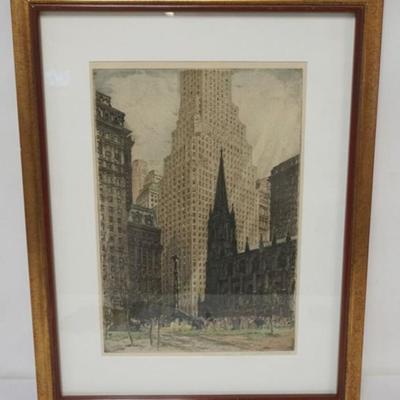 Sale Photo Thumbnail #87: 1087	KASIMIR HOERNES FRAMED AND MATTED ETCHING OF NEW YORK CITY TRINITY CHURCH, ARTIST SIGNE, APPROXIMATELY 21 IN X 27 IN OVERALL
